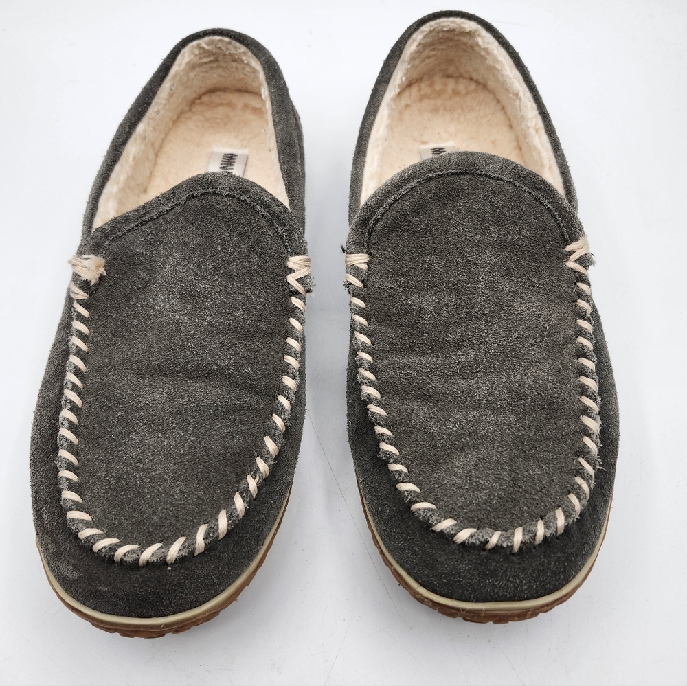 Men's Minnetonka Leather Faux Furlining Cozy Moccasin Slippers Sz 10